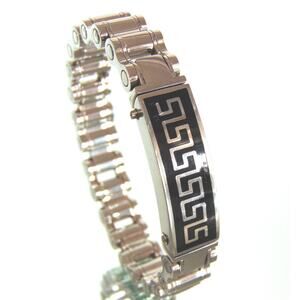 Stainless Steel Bicycle Chain MENS BRACELET Black Onyx Silver Inlay Greek Key